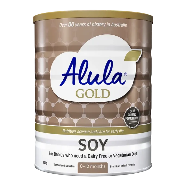 Alula Gold Soy formula can, "50 years in Australia," "Nutrition, science and care," "SOY," "0-12 months."